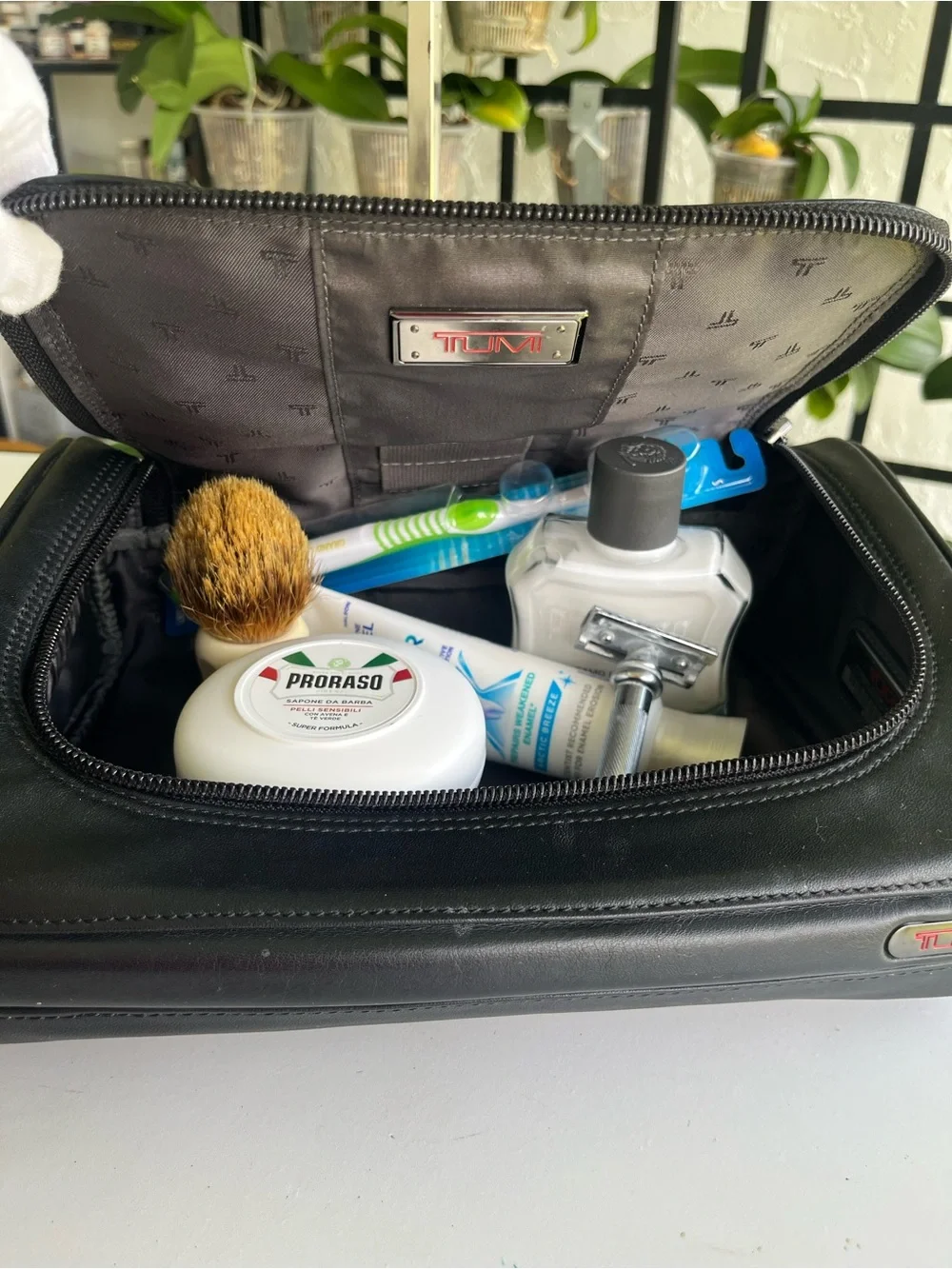TUMI Men's Black Leather Travel Dopp Kit Toiletry Bag